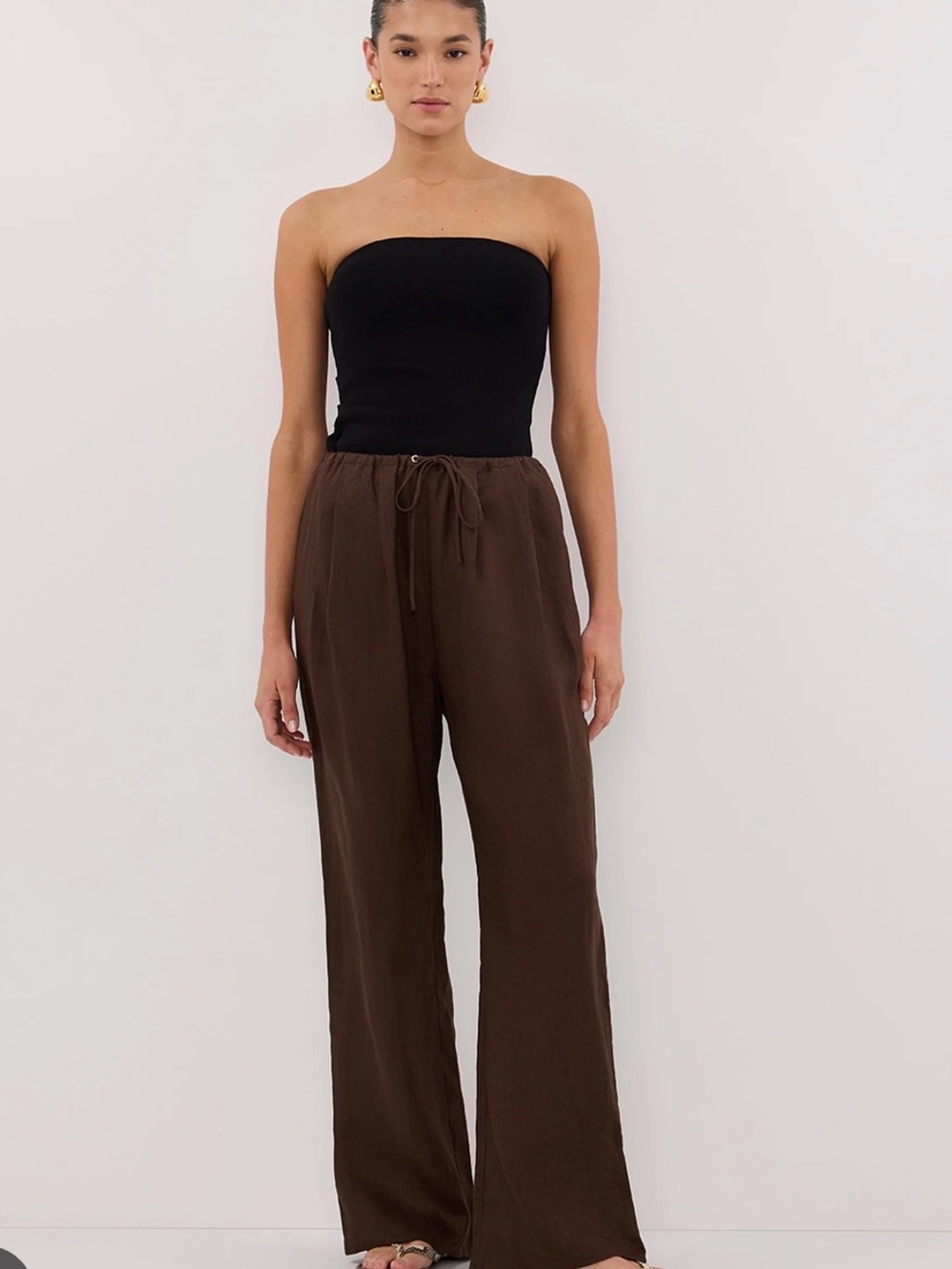 DISSH Carla Linen Relaxed Wide-Leg Drawstring Pants in Chocolate Brown